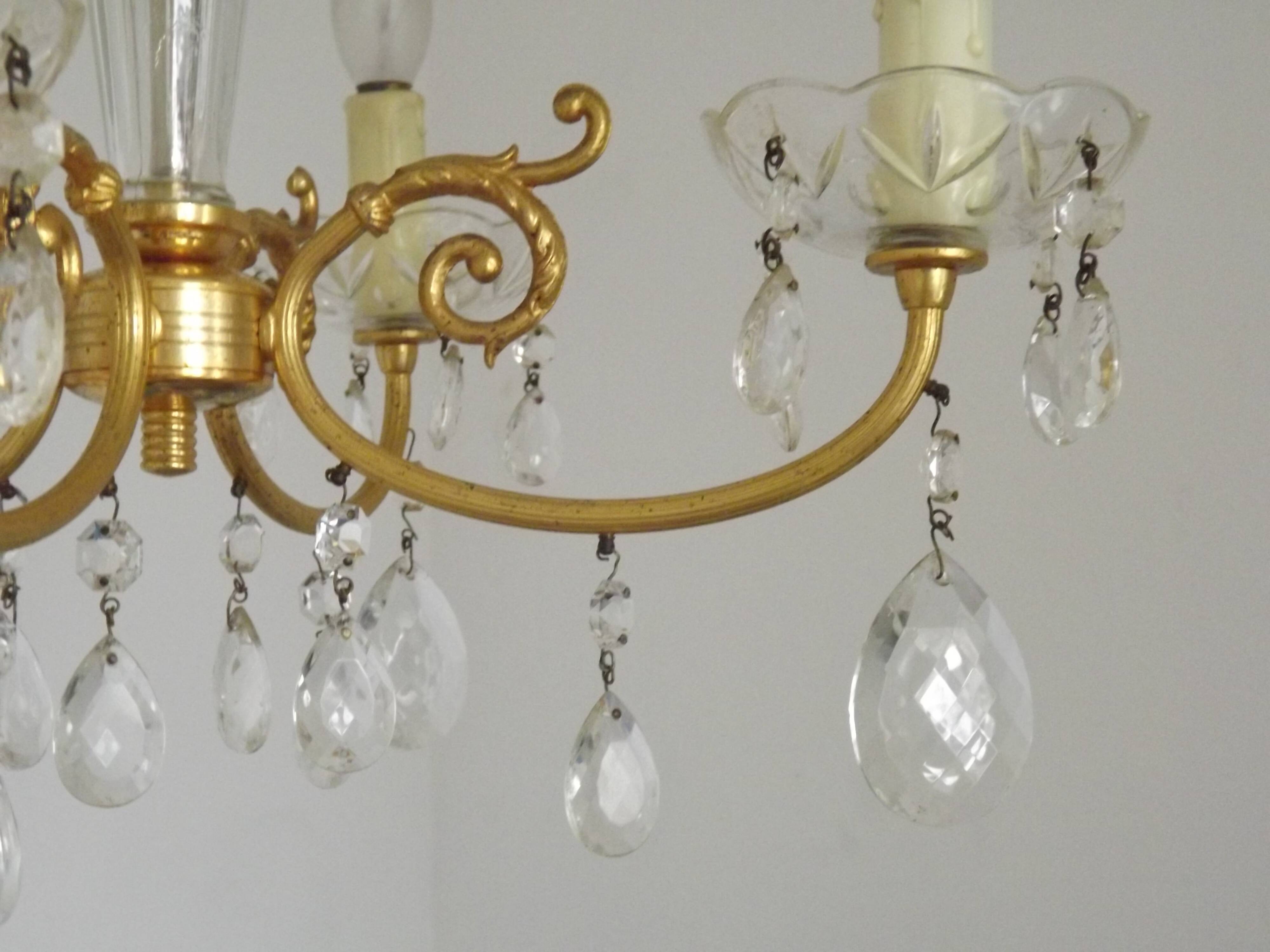 Mid-century brass, glass, and crystal chandelier with 4 lights 5099