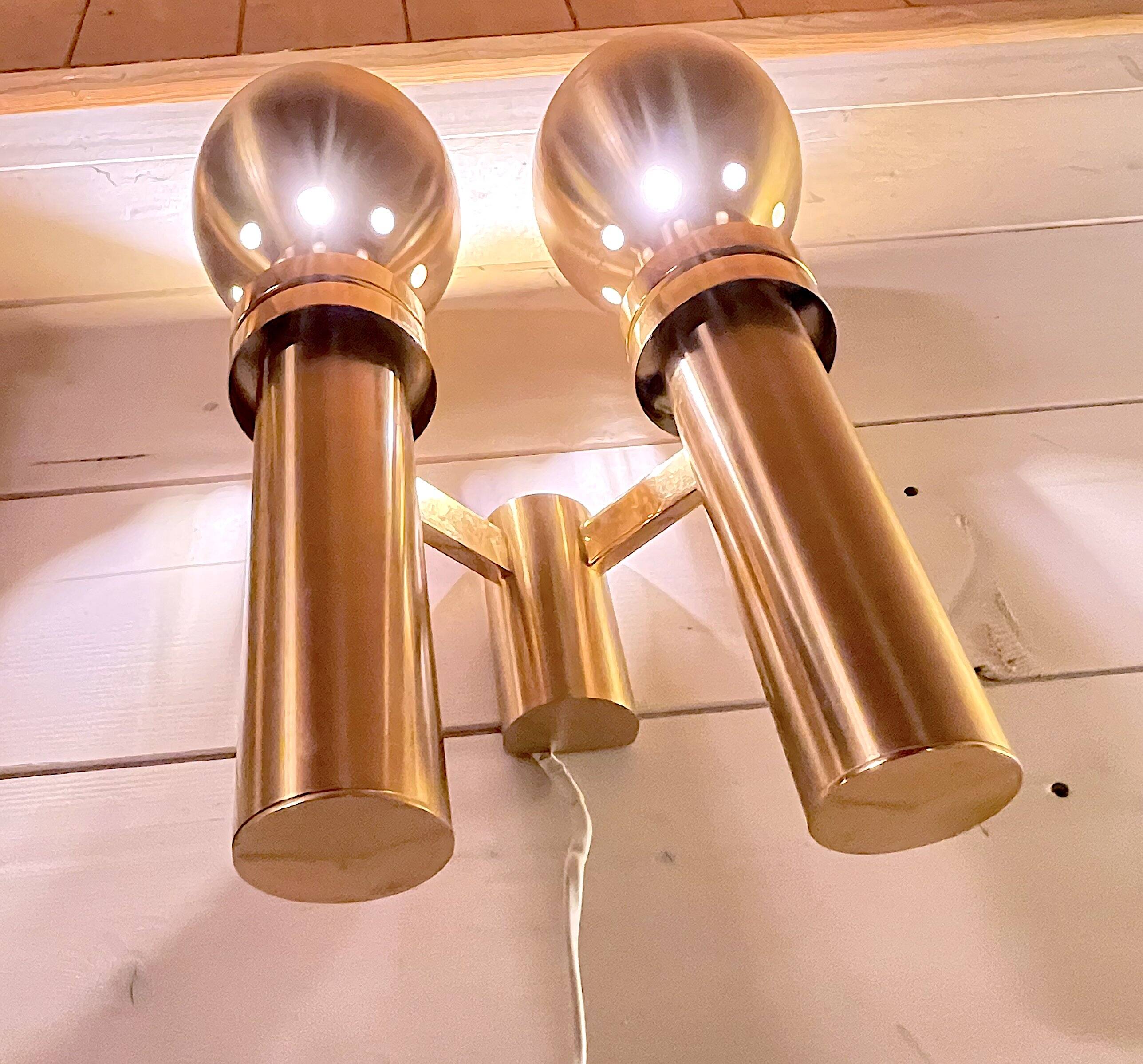 Three Large Scandinavian Brass Sconces, Mid Century