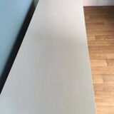 White retro wooden commode in Mid-Century style, tapered legs and gold handles (1960s)