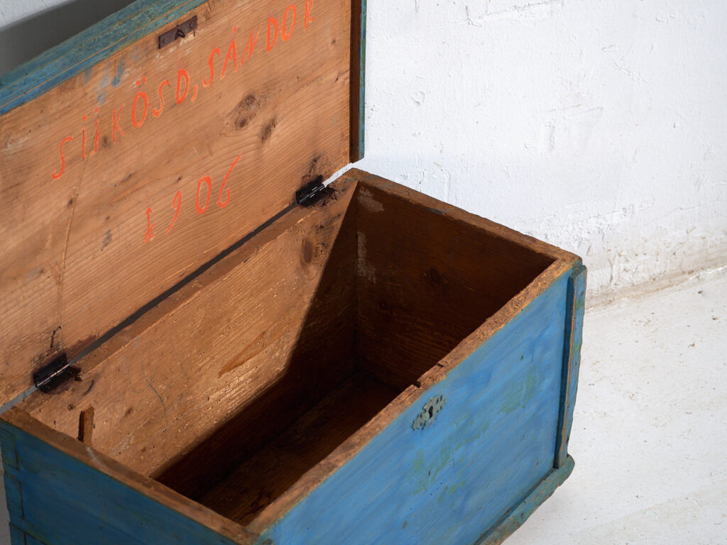 Antique chest painted blue in pine – Central Europe, around 1900