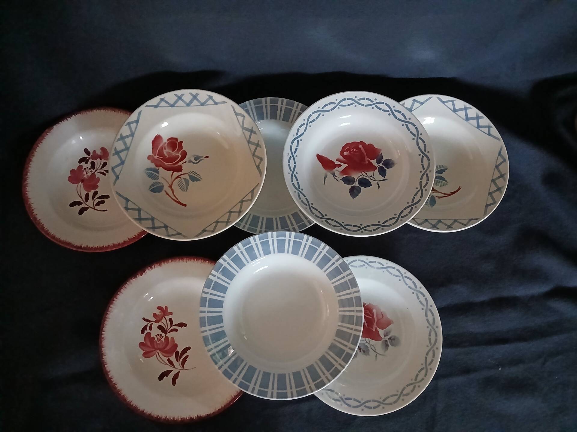 8 mismatched antique deep plates