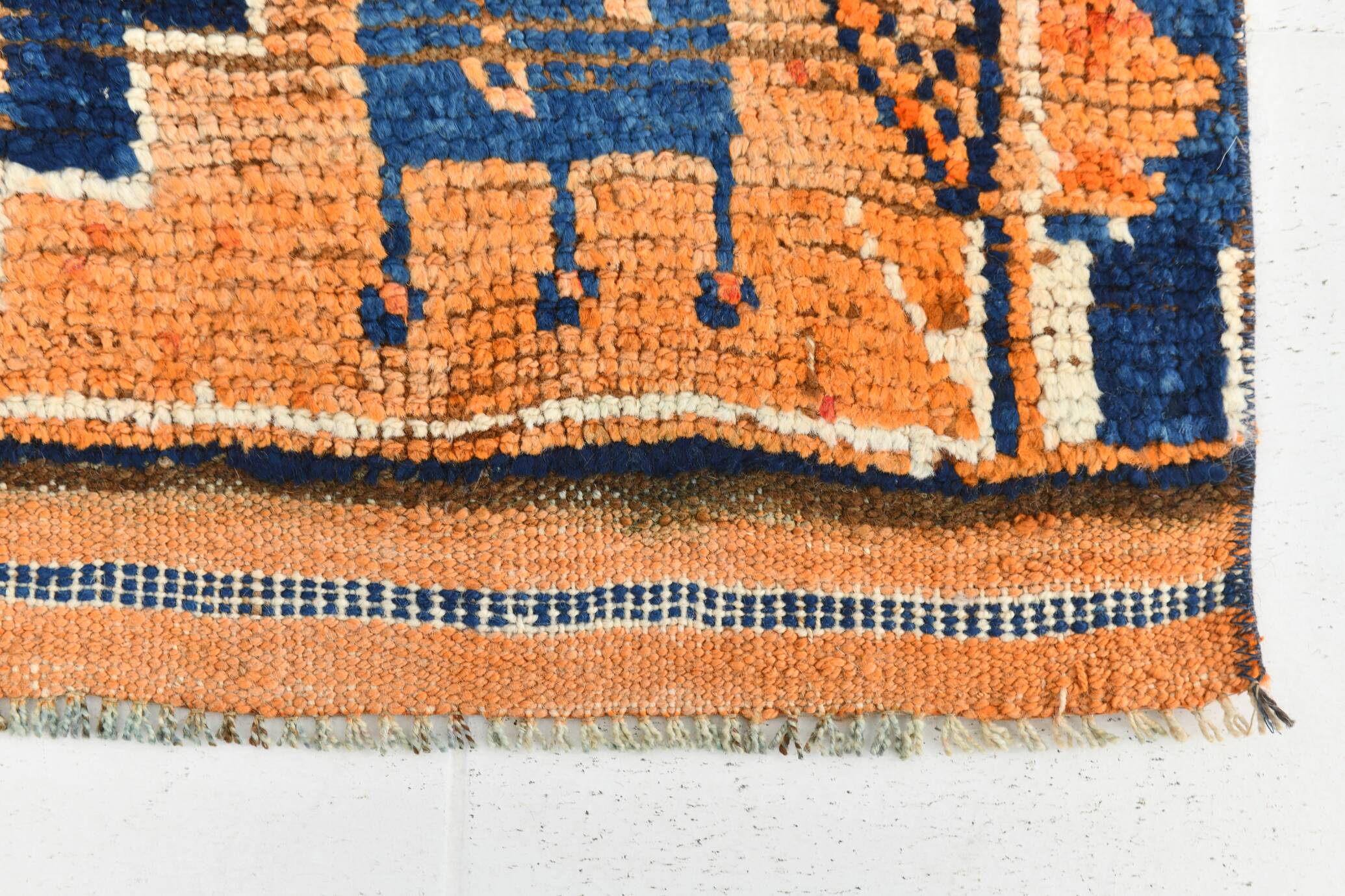Tapis couloir vintage orange et bleu marine à motifs berbères, 105x339 Cm