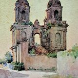 Signed impressionist watercolor - the towers of Saint-Jean d'Angely circa 1900