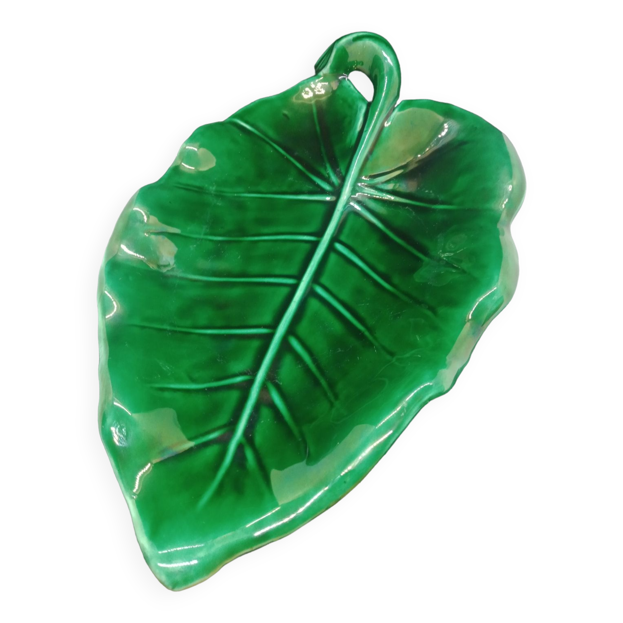 Ancien Plat Serviteur Vallauris Style Feuille Verte - Plateau Céramique Vintage Années 50