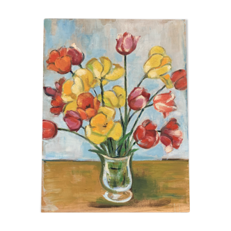 Tableau vintage , peinture , nature morte aux fleurs