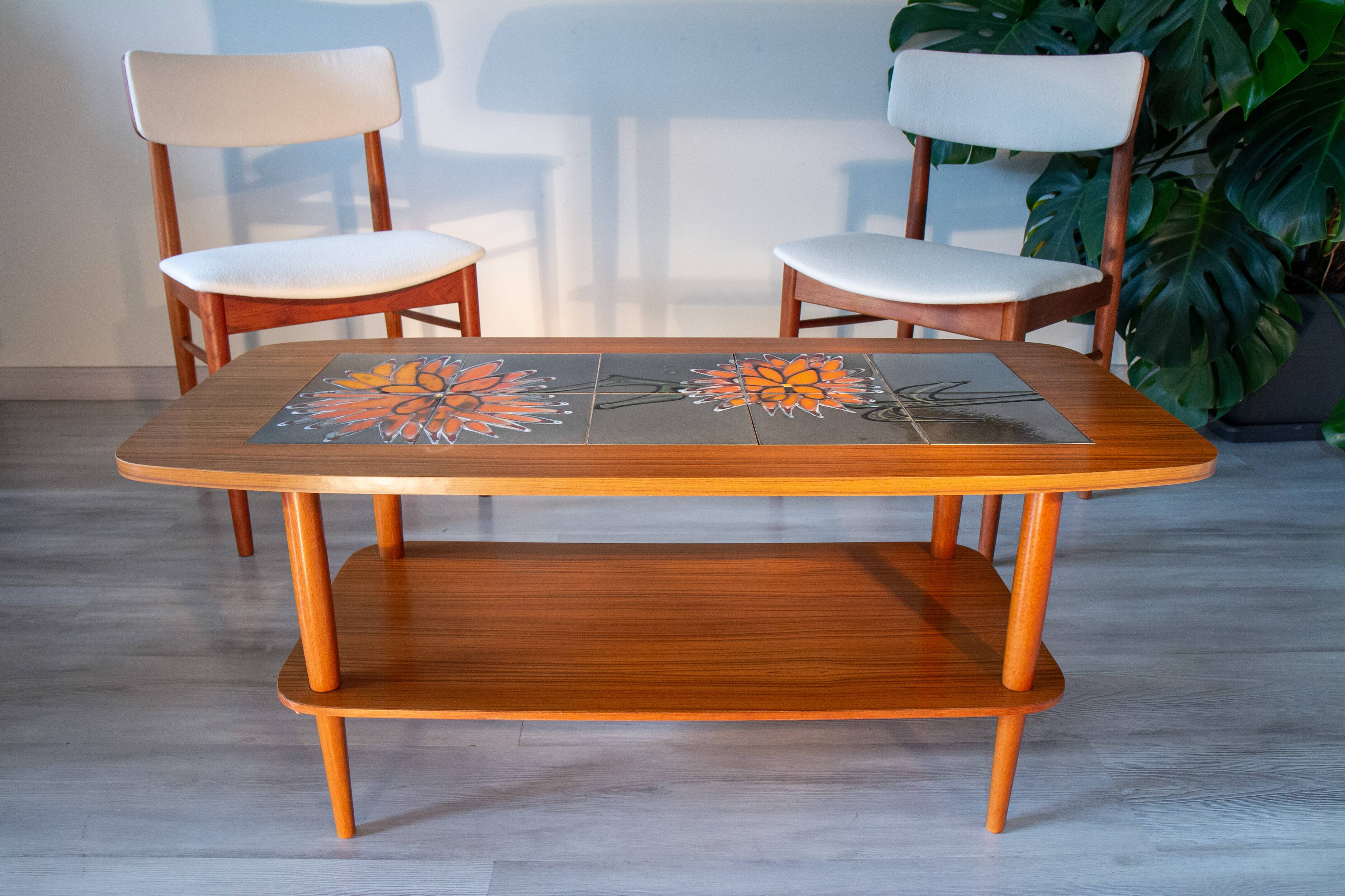 Ceramic and teak coffee table, Scandinavian design from the 60s