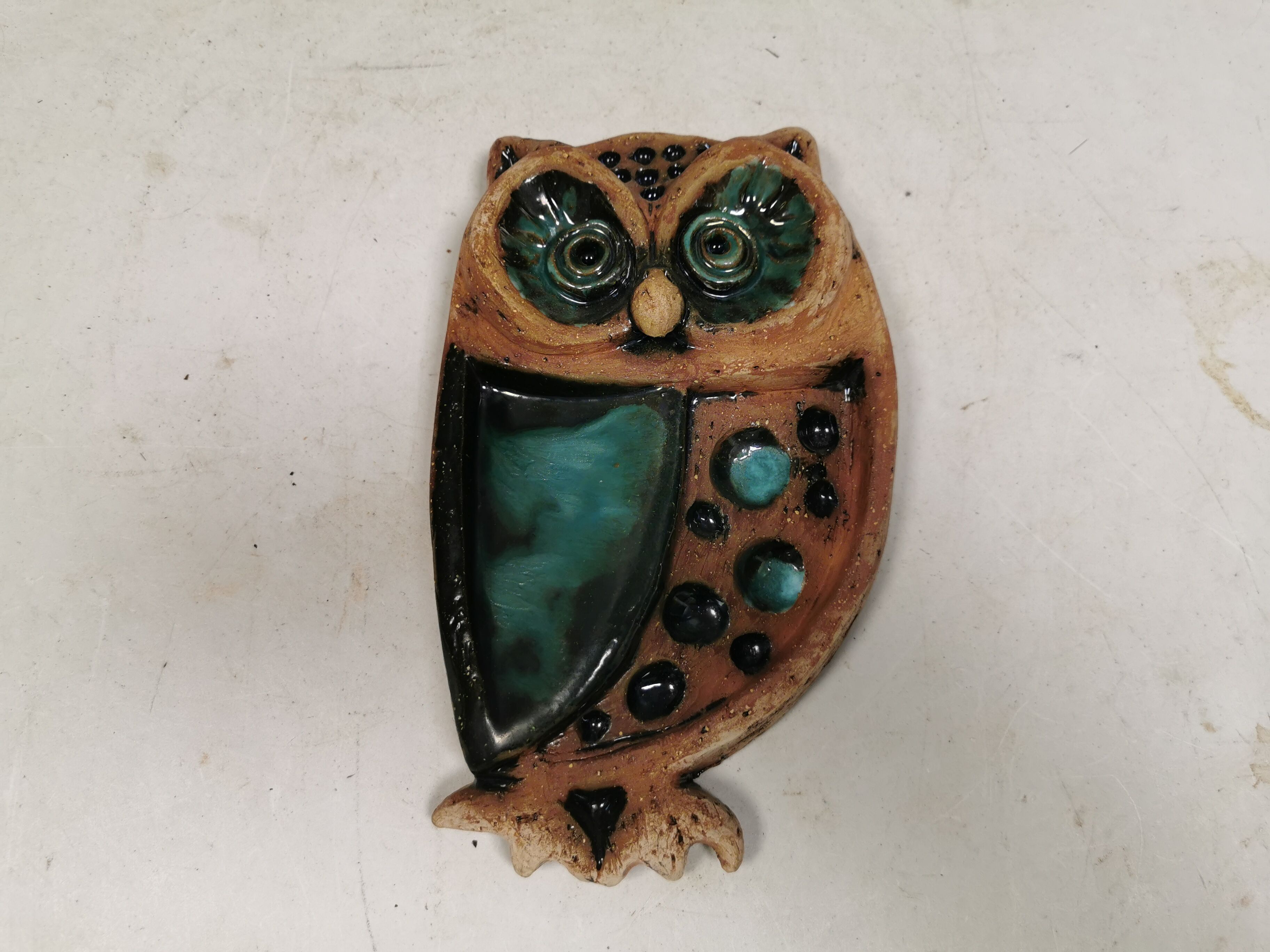 Owl, vintage ceramic wall plaque, Laholm, Sweden, 1970s