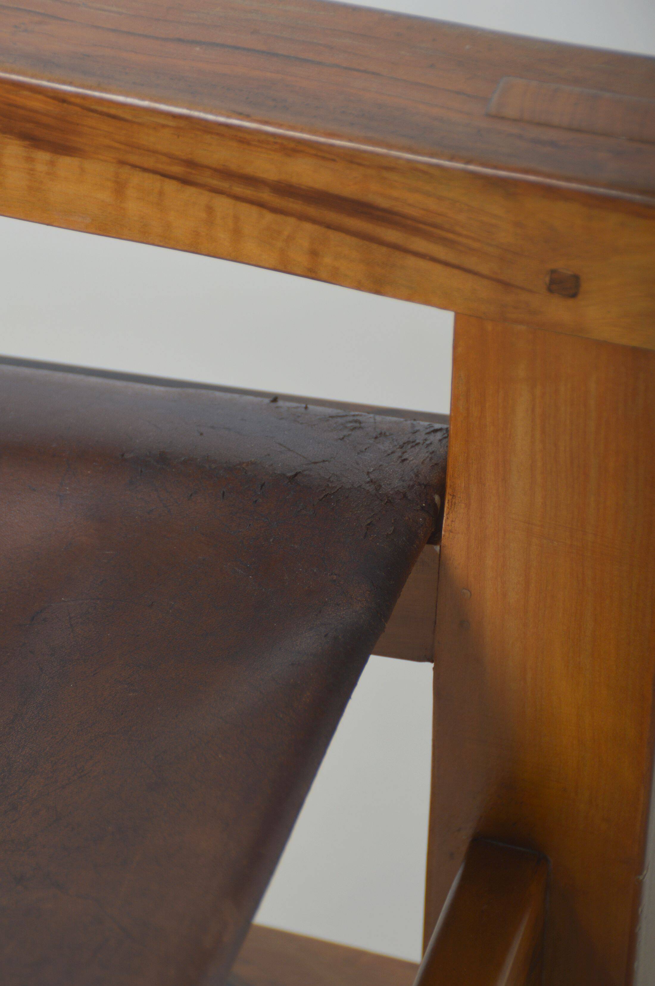 Set of French armchairs in olive wood with saddle leather, 1970s
