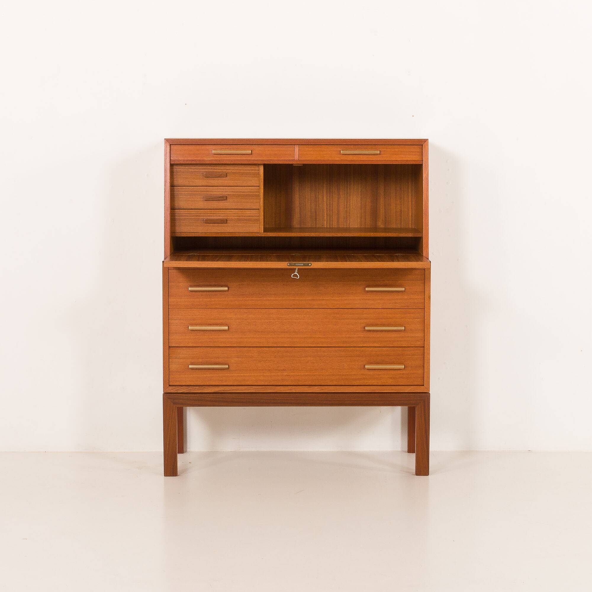 Danish mid century teak secretaire with brass inlays, 1960s