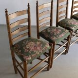 Rustic ladder-back oak chairs with embroidered seats | Netherlands | 1950s