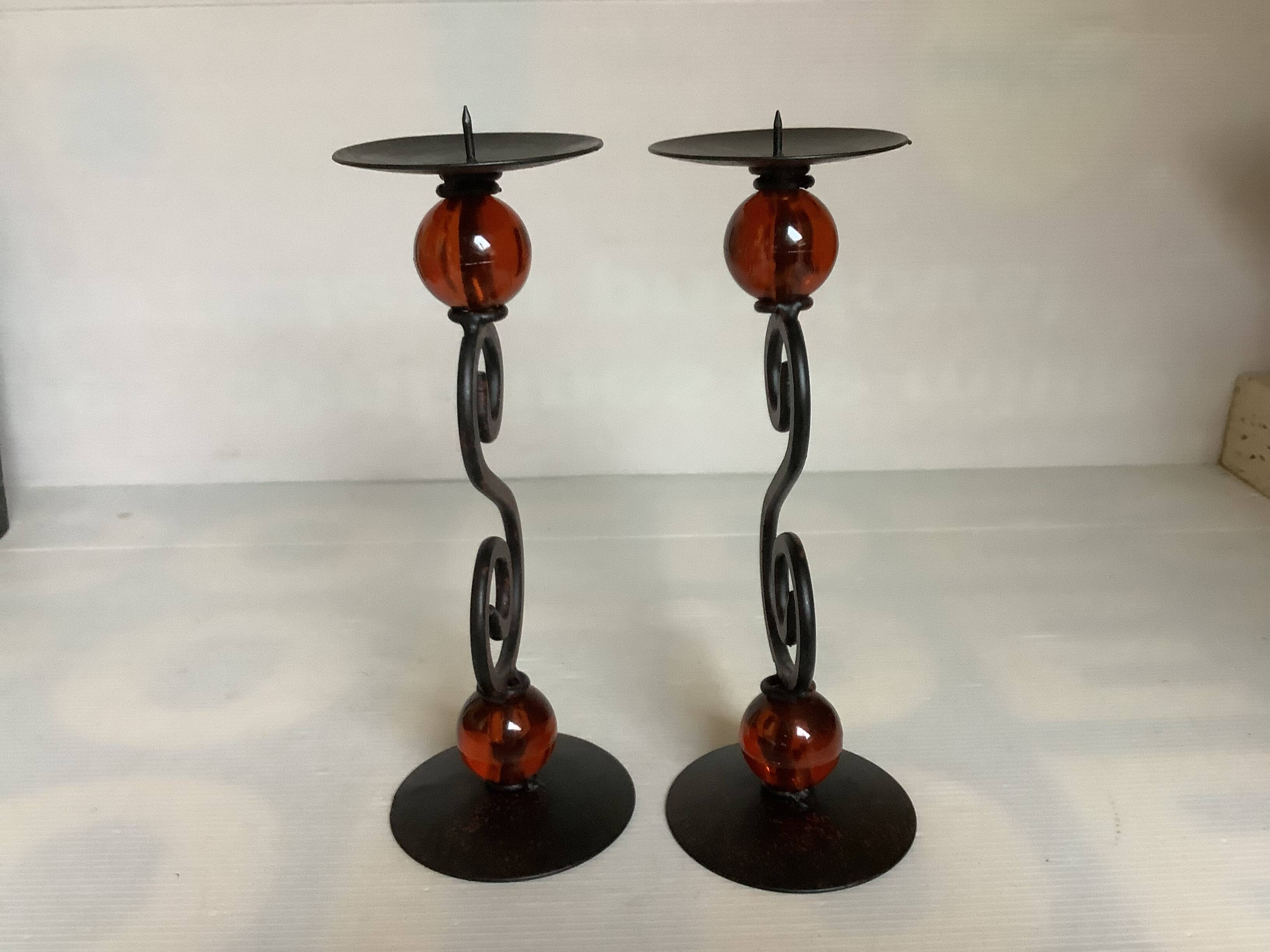 Pair of spiral candlesticks and beads