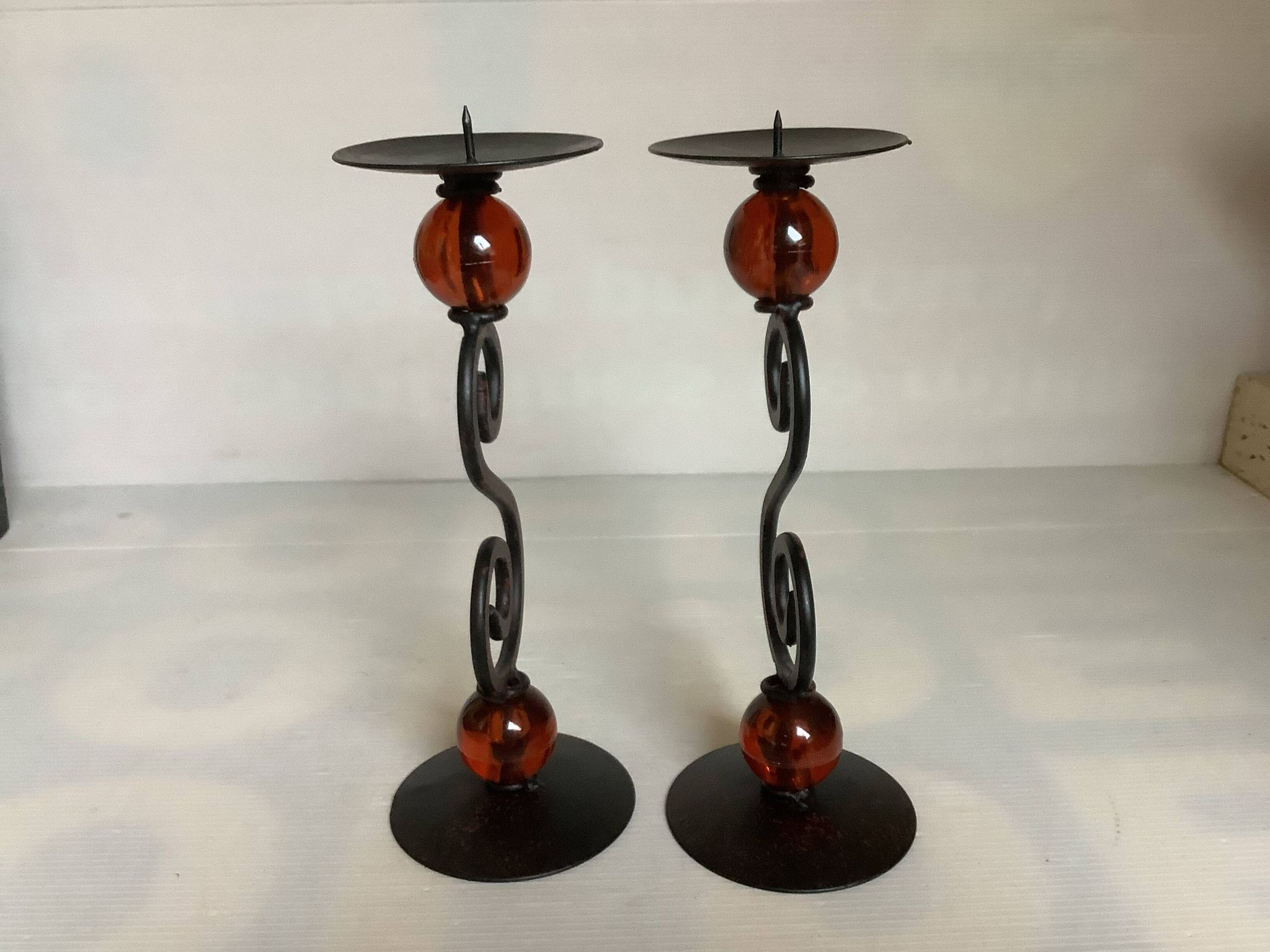 Pair of spiral candlesticks and beads