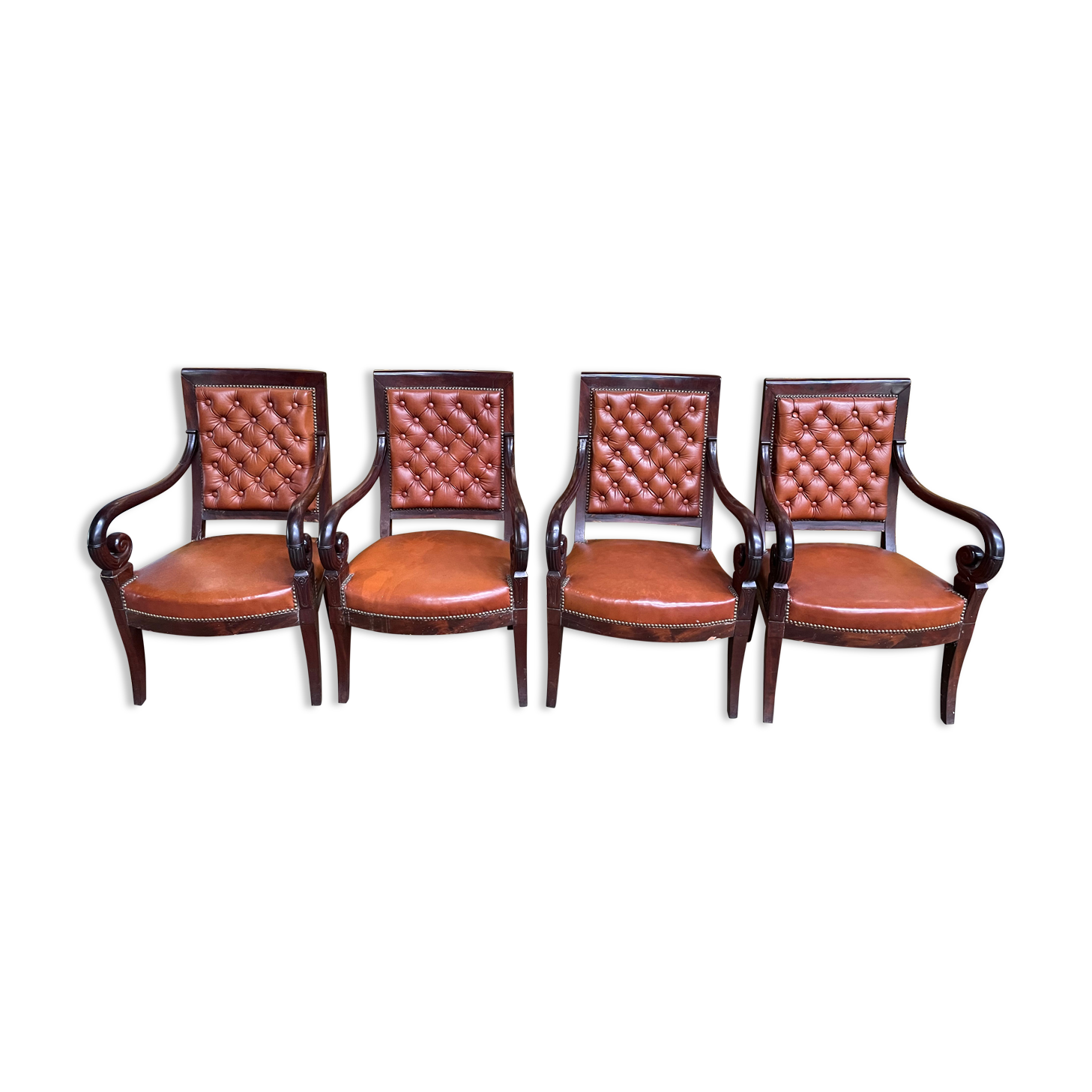 Suite of 4 armchairs period Restoration leather and mahogany
