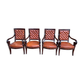 Suite of 4 armchairs period Restoration leather and mahogany