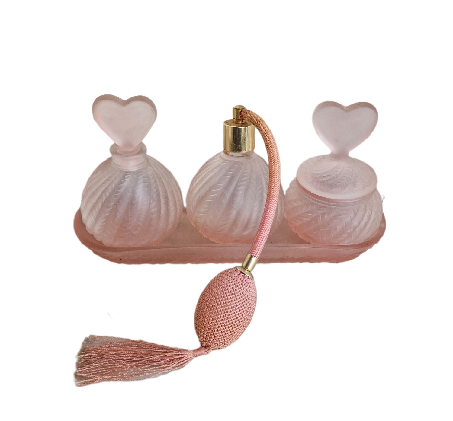 Vintage Pink Frosted Glass Bathroom Set Romantic Heart Decor