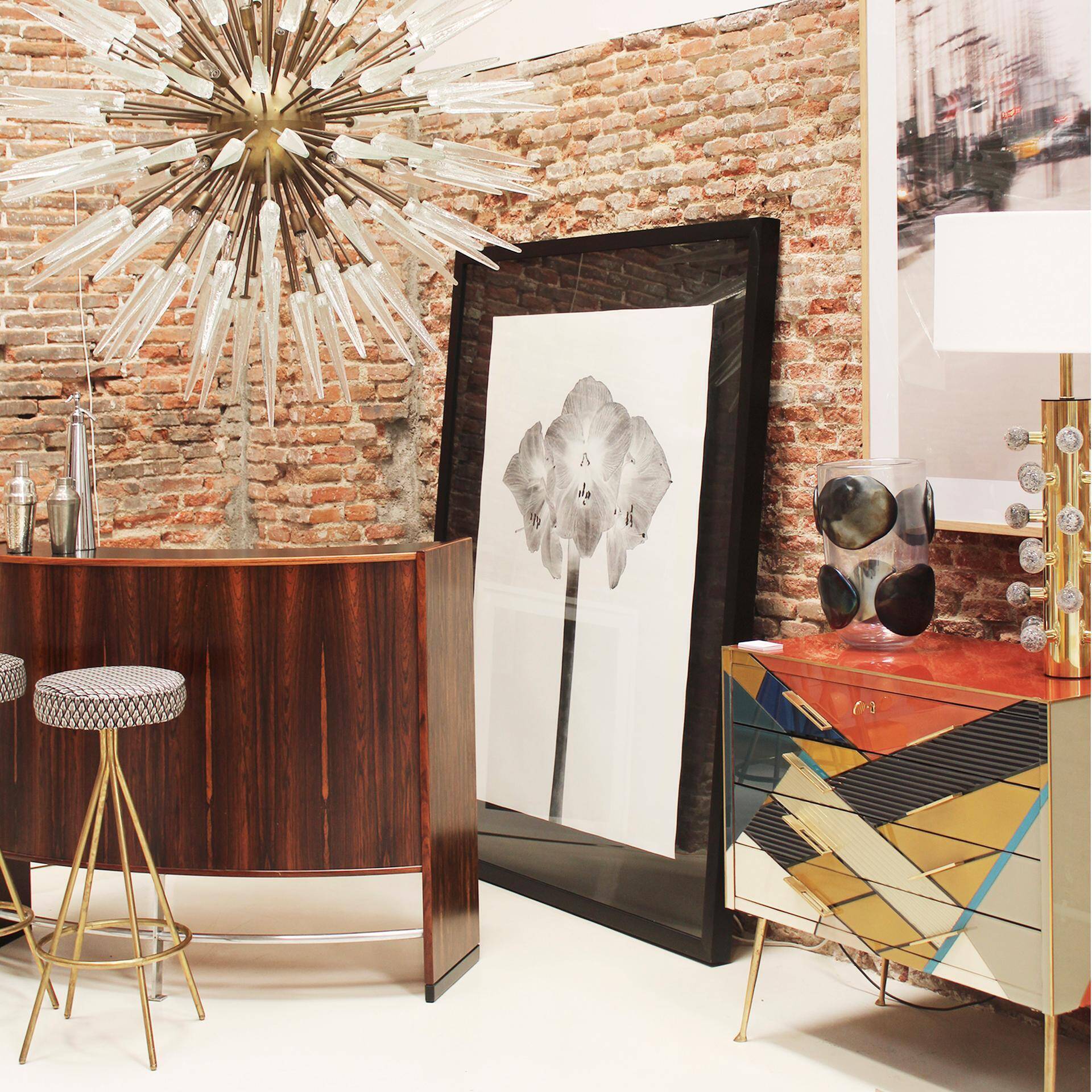 Mid Century Style Sputnik Lamp, Murano Glass and Brass Italian Chandelier