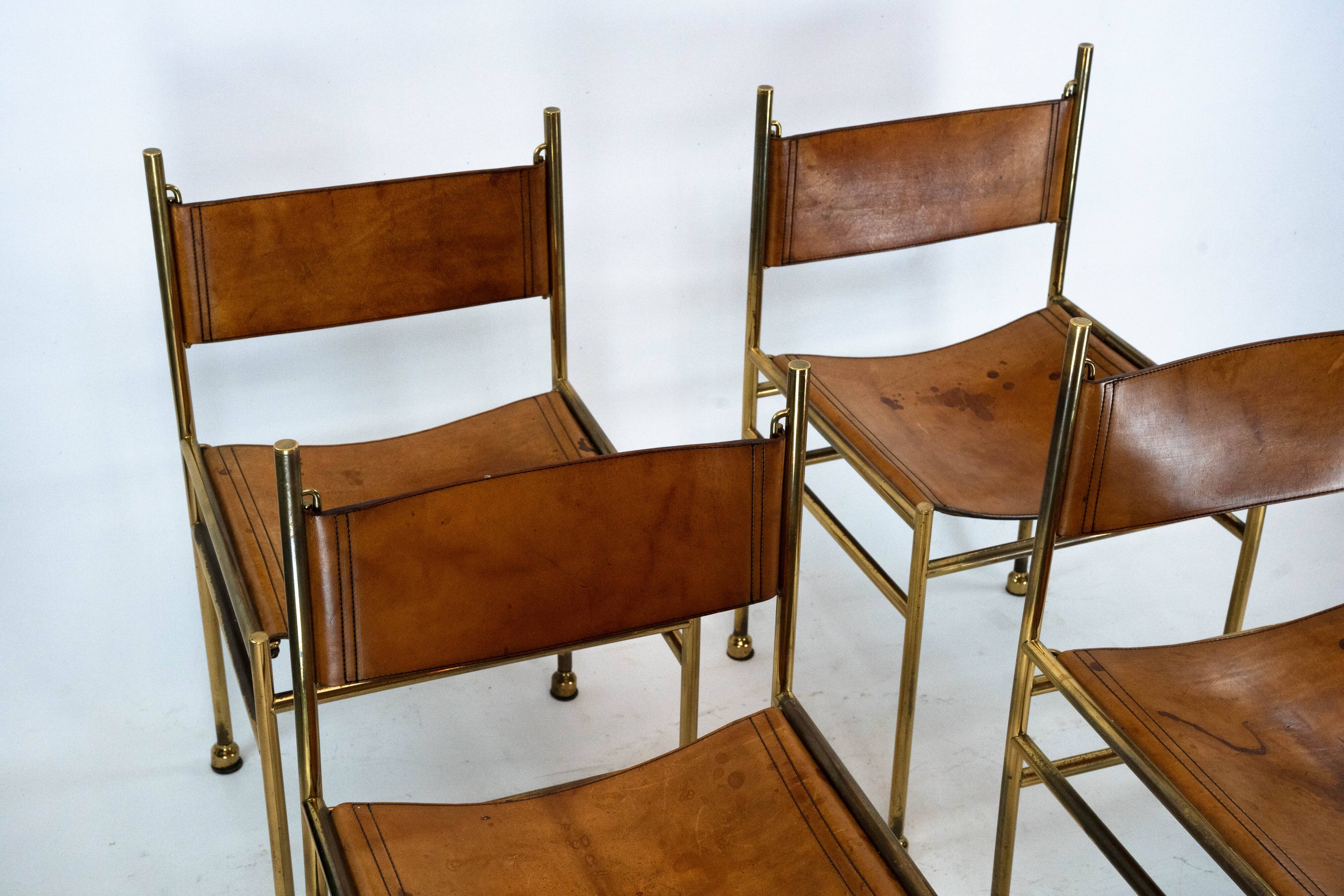 Set of 4 Brass and Leather Chairs by Luciano Frigerio, Italy, 1970s