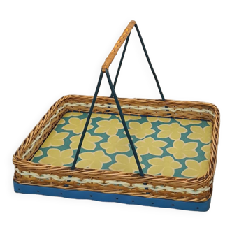 Rattan tray with handle and vintage flowers