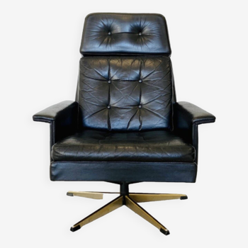 Vintage Danish Mid Century Black Leather Svend Skipper Swivel Chair 1970,S