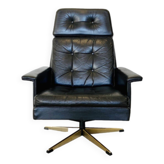 Vintage Danish Mid Century Black Leather Svend Skipper Swivel Chair 1970,S