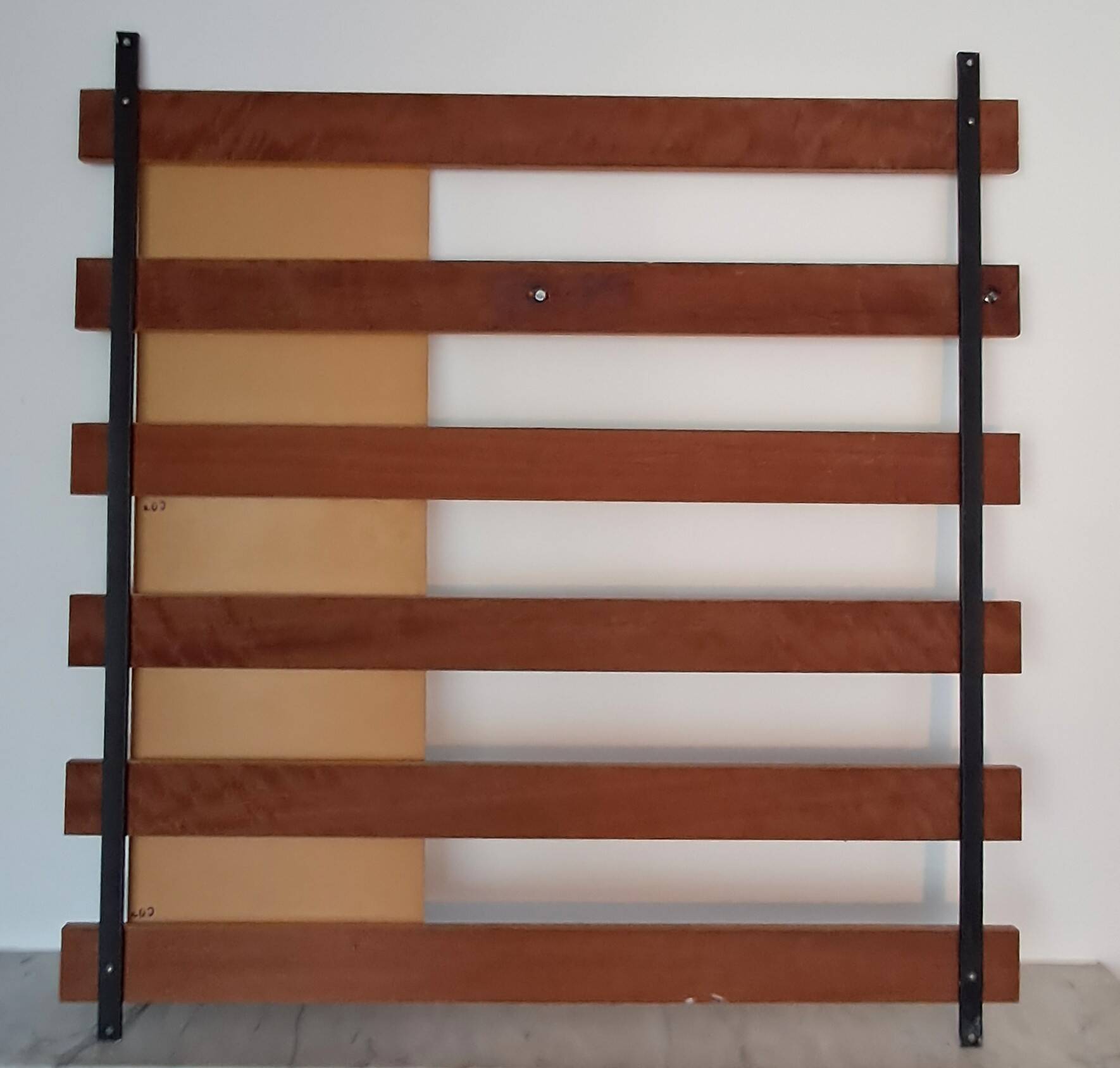 Vintage teak wall coat rack with 5 hooks and mirror.