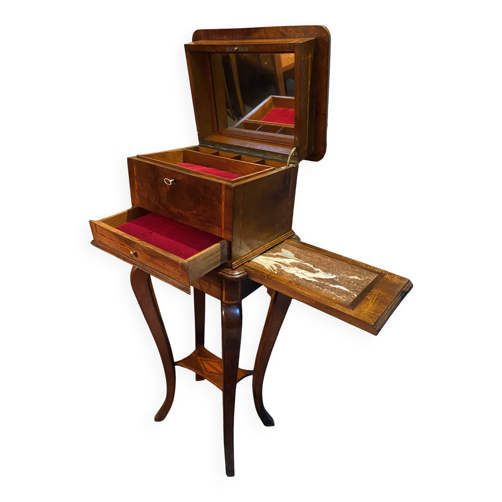 Walnut jewelry cabinet with marquetry decoration, early 19th century, Restoration