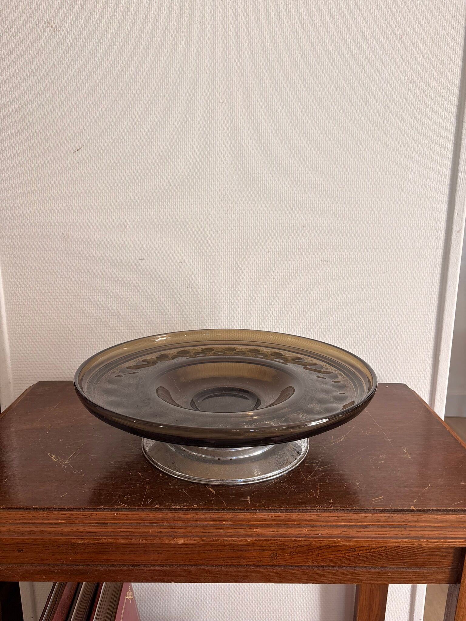 70s Pressed Glass Smoke Fruit Bowl Coupe Stand Space Age