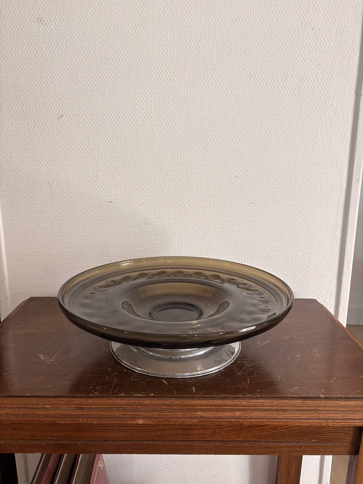 70s Pressed Glass Smoke Fruit Bowl Coupe Stand Space Age