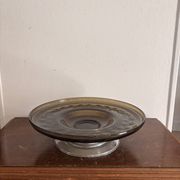 70s Pressed Glass Smoke Fruit Bowl Coupe Stand Space Age