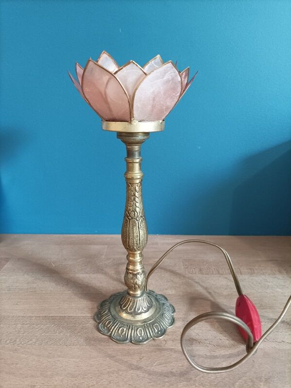 Bedside lamp flower petal pink mother-of-pearl bronze base brass dpm 0323112