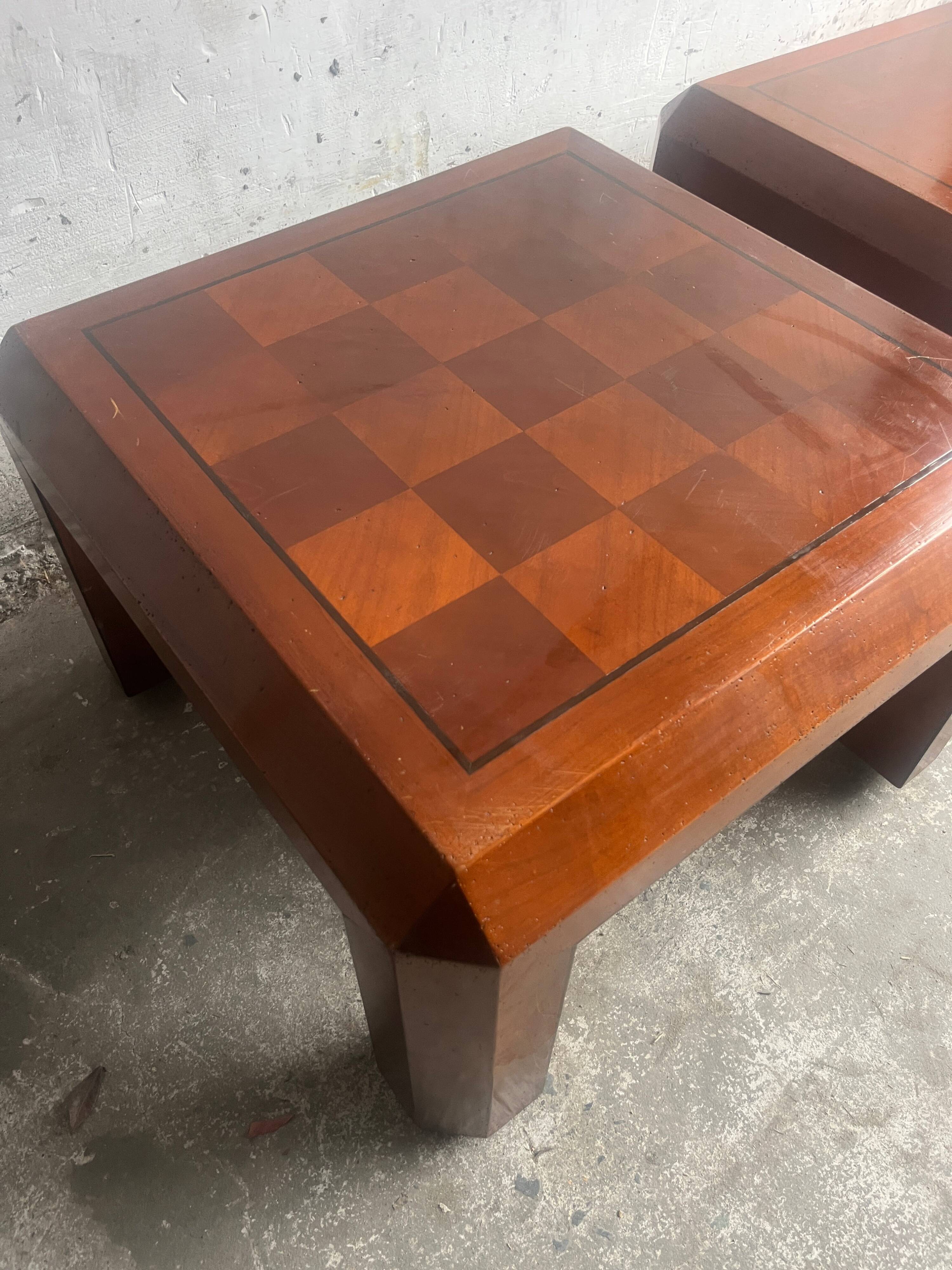 Pair of 1970s Checkered Parquet Side Tables — Warm Walnut Brown Wood, Geometric