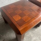Pair of 1970s Checkered Parquet Side Tables — Warm Walnut Brown Wood, Geometric