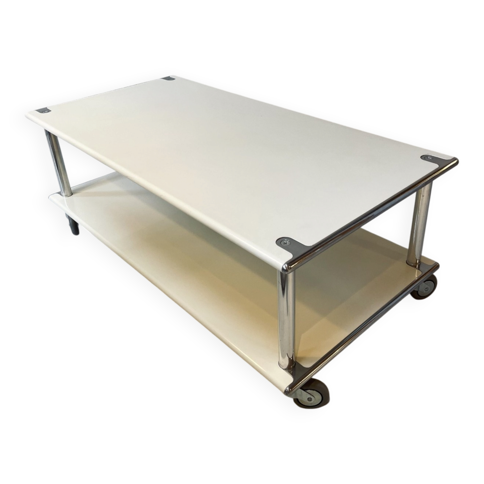 Vintage steel coffee table from the 1970s on wheels.