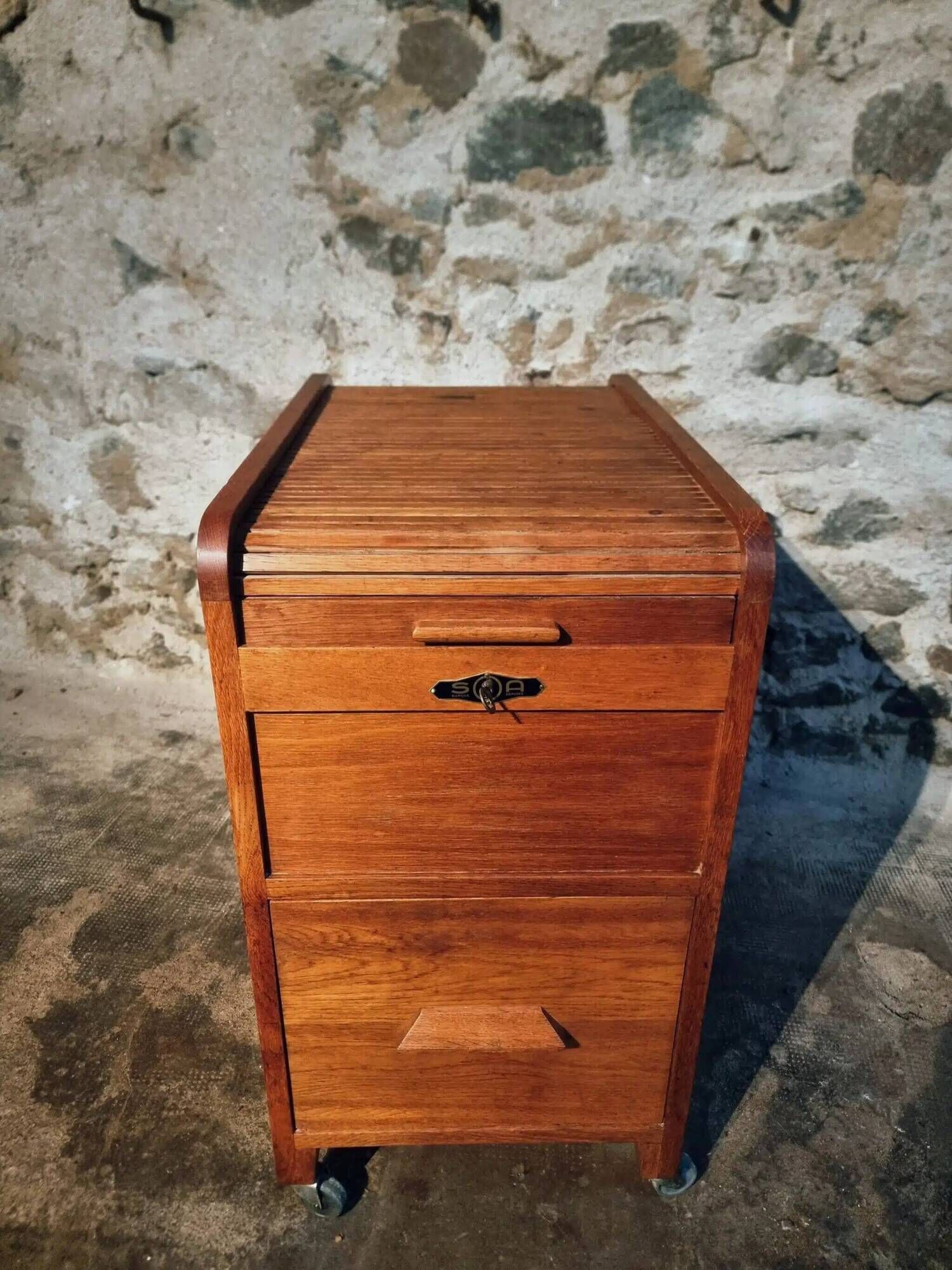 Vintage French oak office rolling cabinet with tambour door, 1950s.
