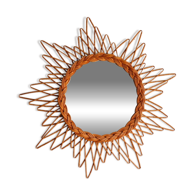 Miroir soleil vintage en rotin tressé