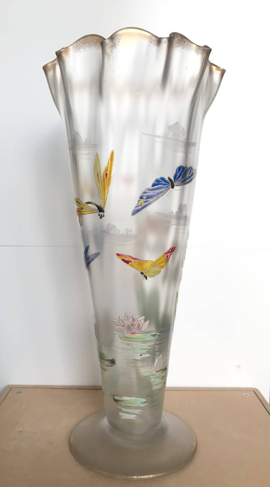 Frosted glass vase with enamel, flower, dragonfly and butterfly motifs