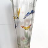 Frosted glass vase with enamel, flower, dragonfly and butterfly motifs