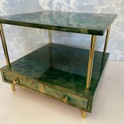 Aldo Tura side table in aqua green with brass legs and lower drawer.