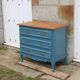 Commode ancienne rénovée bleu – plateau bois – 3 tiroirs