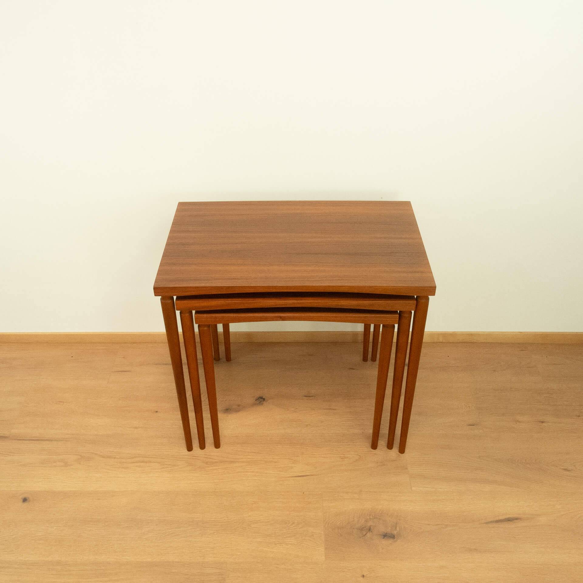 Set of 3 nesting tables, walnut with beech, vintage from the 60s