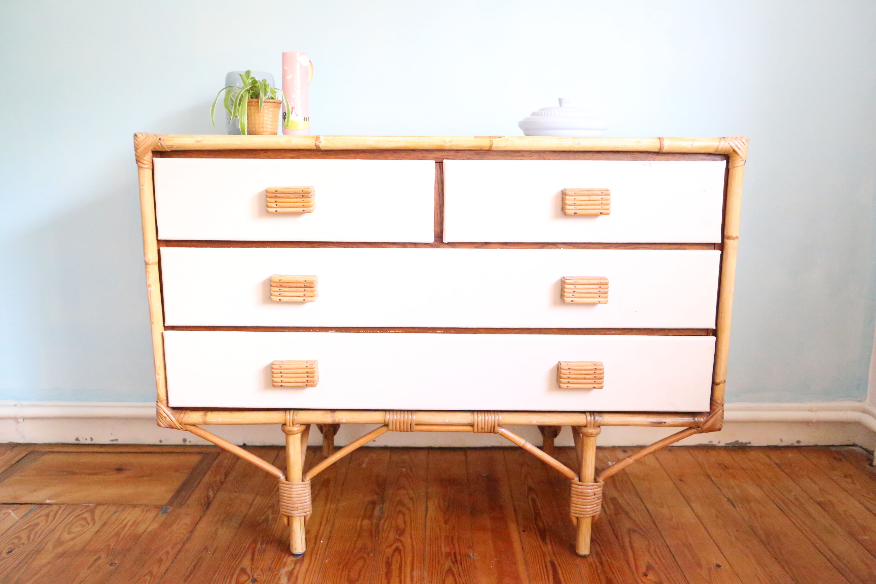 Rattan dresser, natural and white color, 1970s
