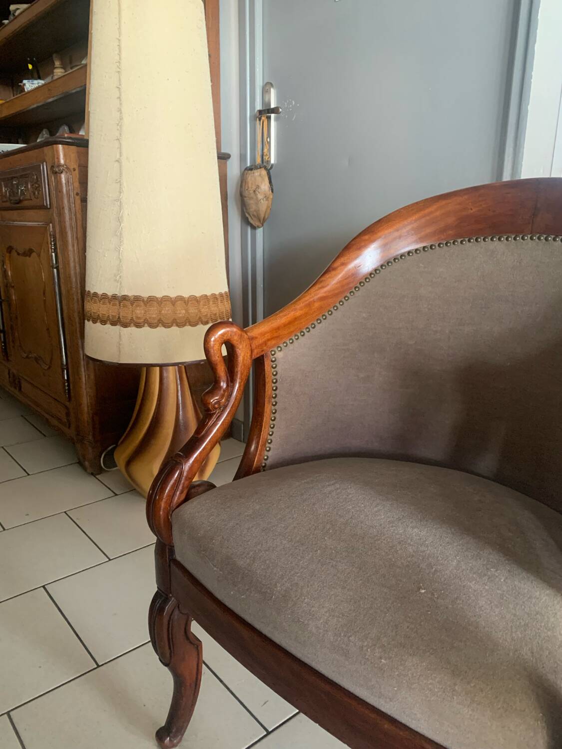 Antique armchair, Restoration style, swan neck