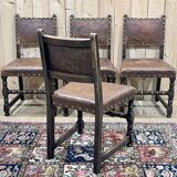 Suite of 4 Louis XIII chairs in oak and leather, early 20th century