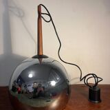 70s metal globe pendant light with Rispal teak support