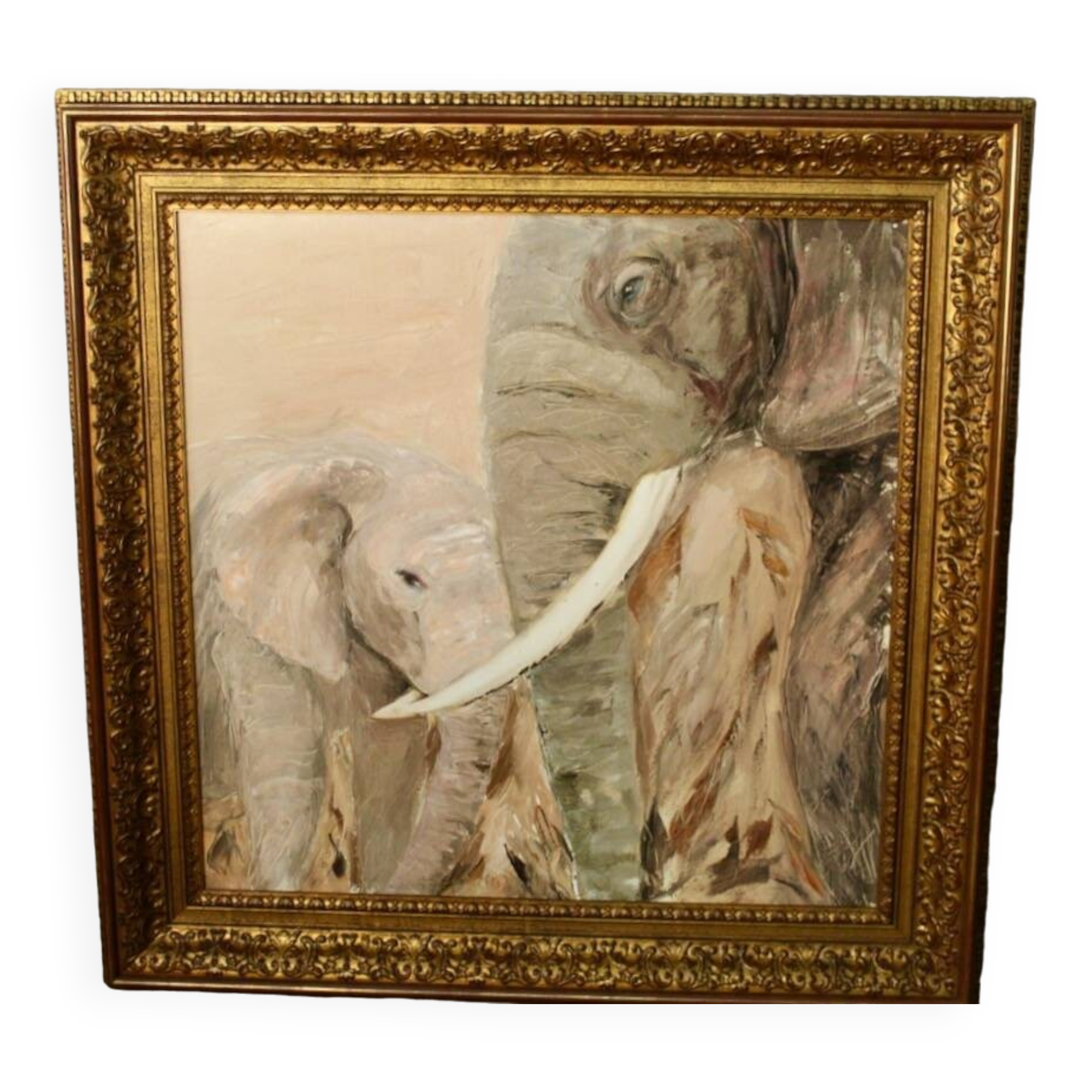 Framed oil on canvas "2 elephants"