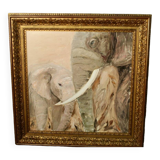 Framed oil on canvas "2 elephants"