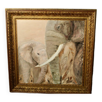 Framed oil on canvas "2 elephants"