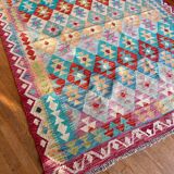 Afghan kilim rug colored red pink blue yellow diamond handmade wool