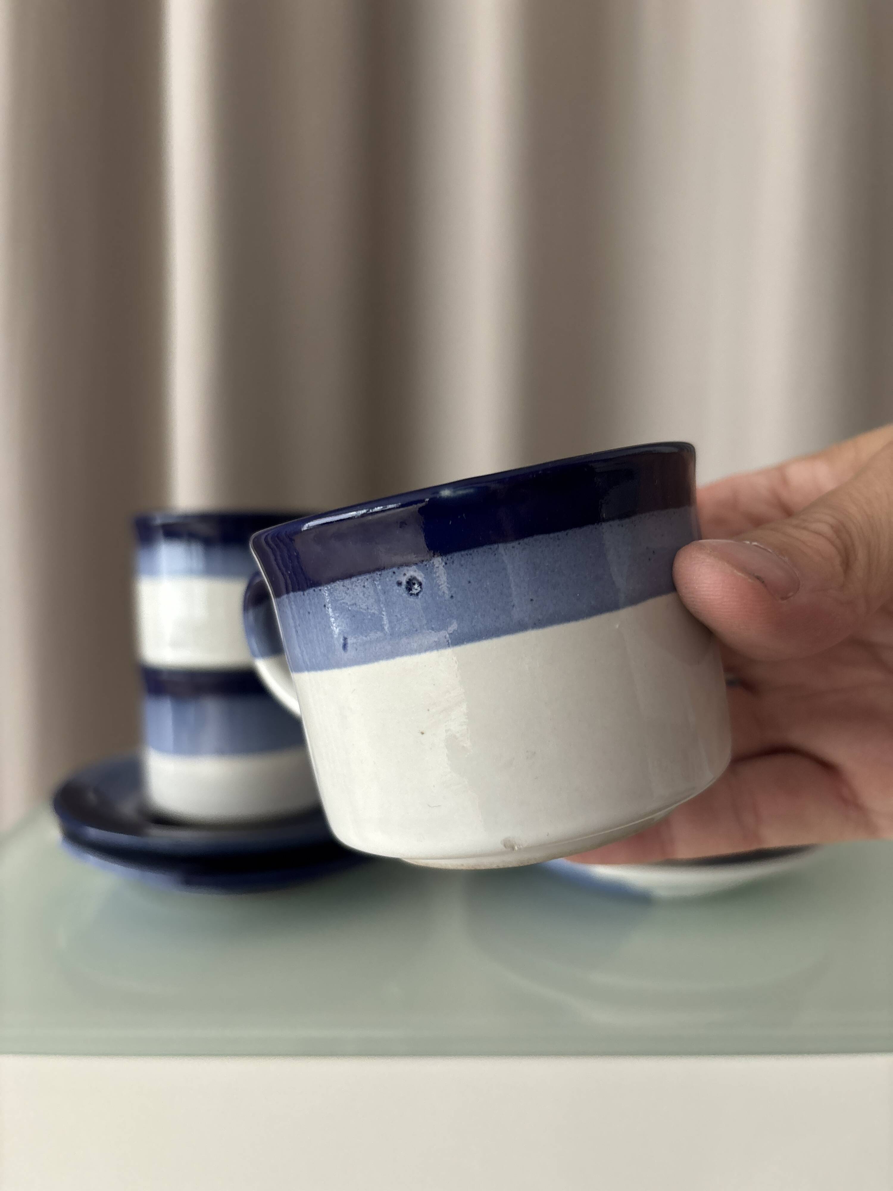 Set of 4 Vintage Studio Pottery Cups & Saucers – Hand Glazed Blue & White