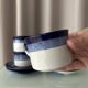 Set of 4 Vintage Studio Pottery Cups & Saucers – Hand Glazed Blue & White